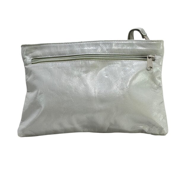 Vintage Women's Gray Leather Wristlet Clutch Purse Bow Detail & Zipper Pocket - Picture 2 of 7